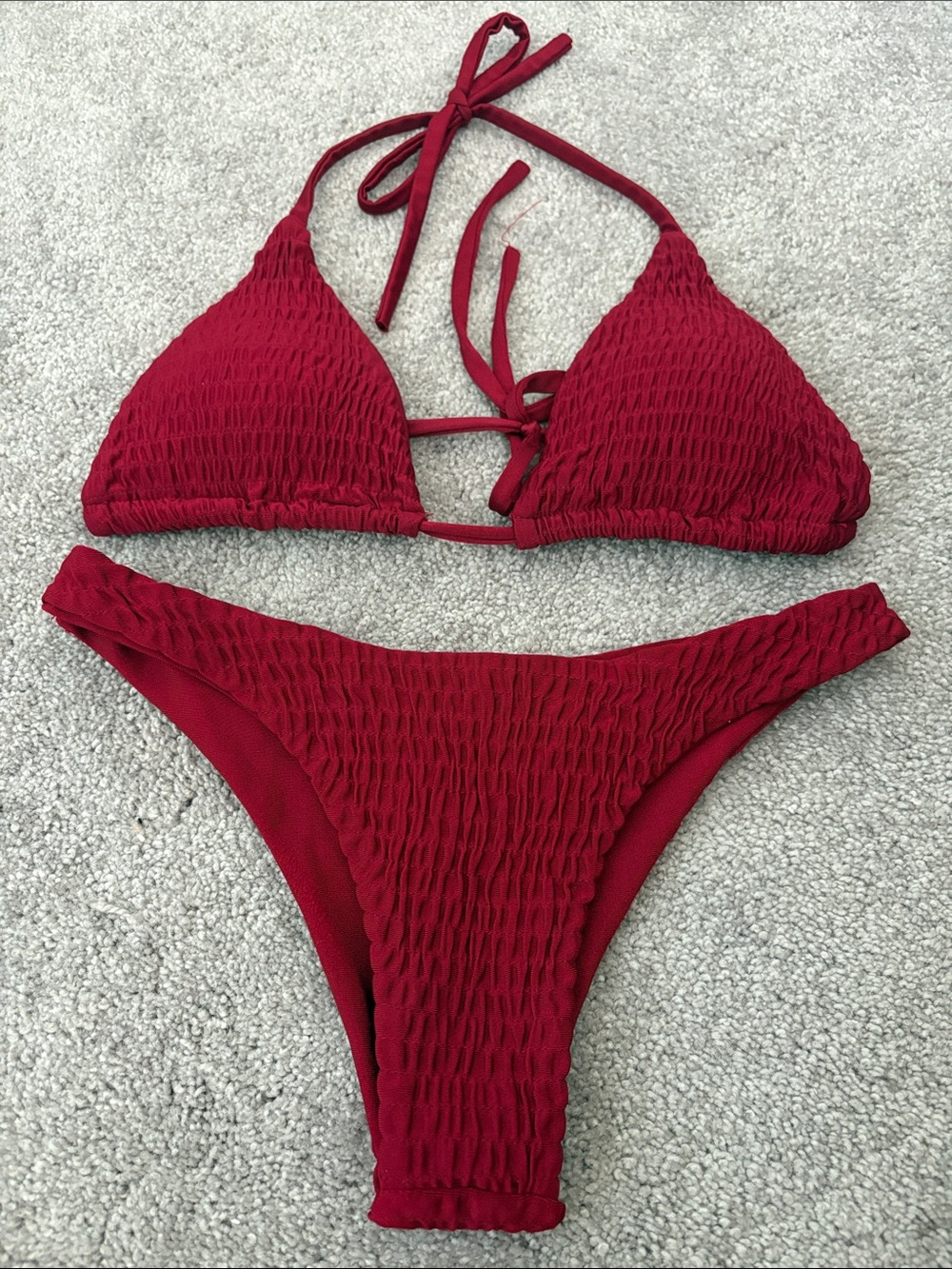 Smocked Triangle Bikini Set in Red - Women Swim